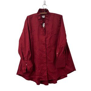 Chicos Deep Red Ruffle Neck Drama Tunic Poplin Aline Shirt Top Size XL NEW